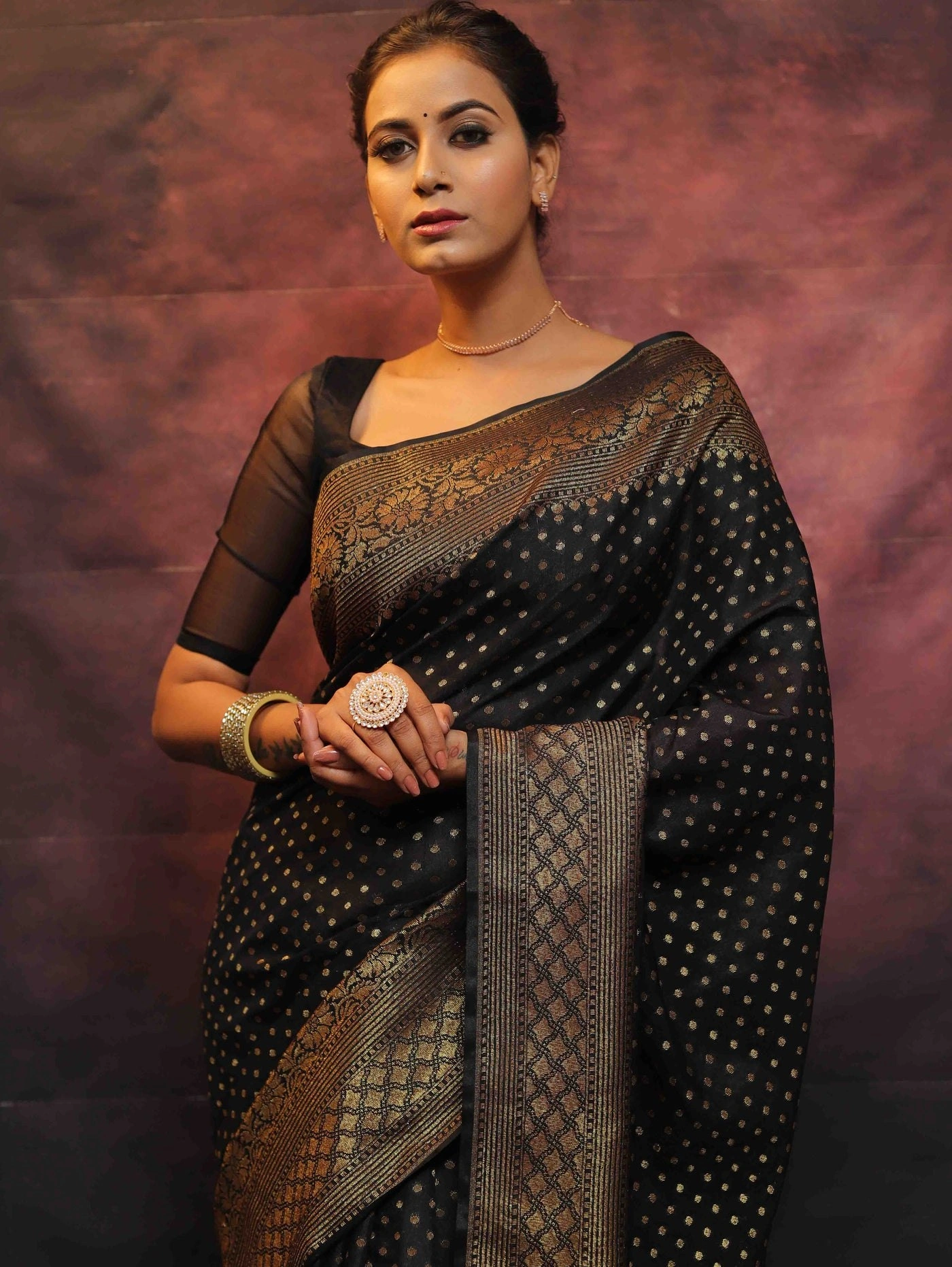 Pure Banarasi Soft Silk Saree with Stunning Copper Zari Weaving-Black-1