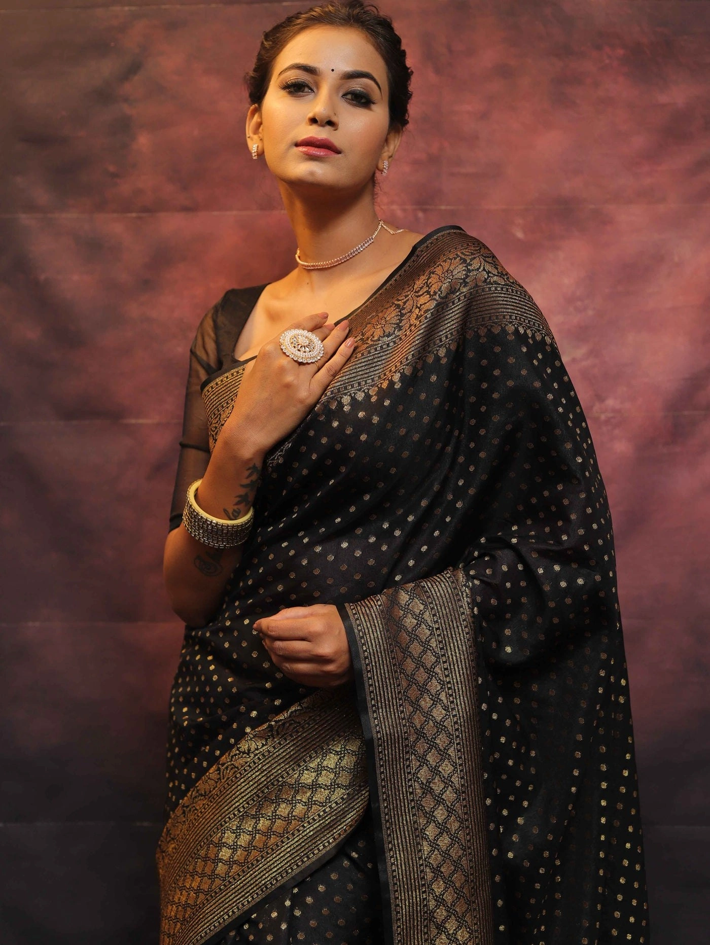 Pure Banarasi Soft Silk Saree with Stunning Copper Zari Weaving-Black-2