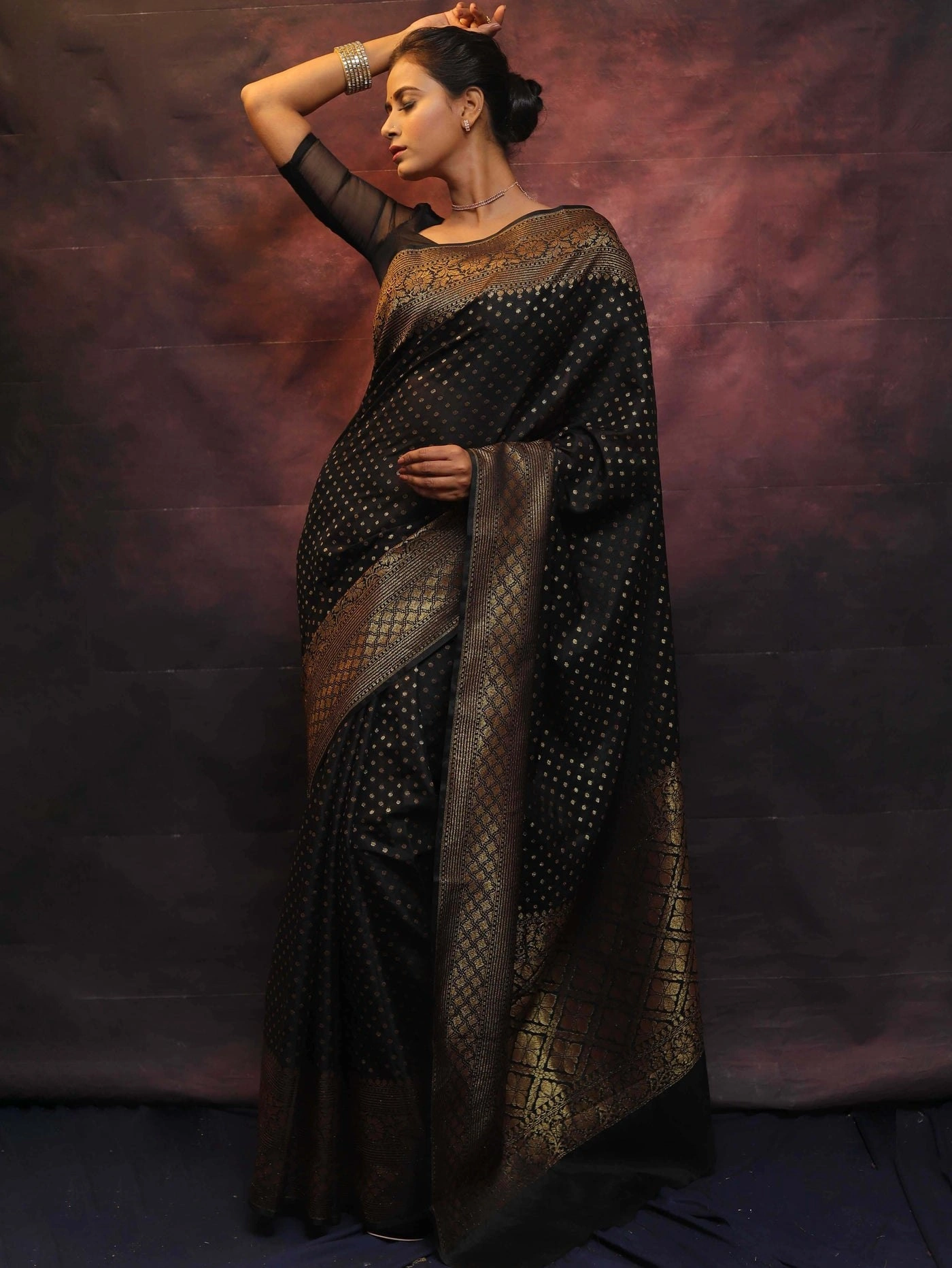 Pure Banarasi Soft Silk Saree with Stunning Copper Zari Weaving-Black-3