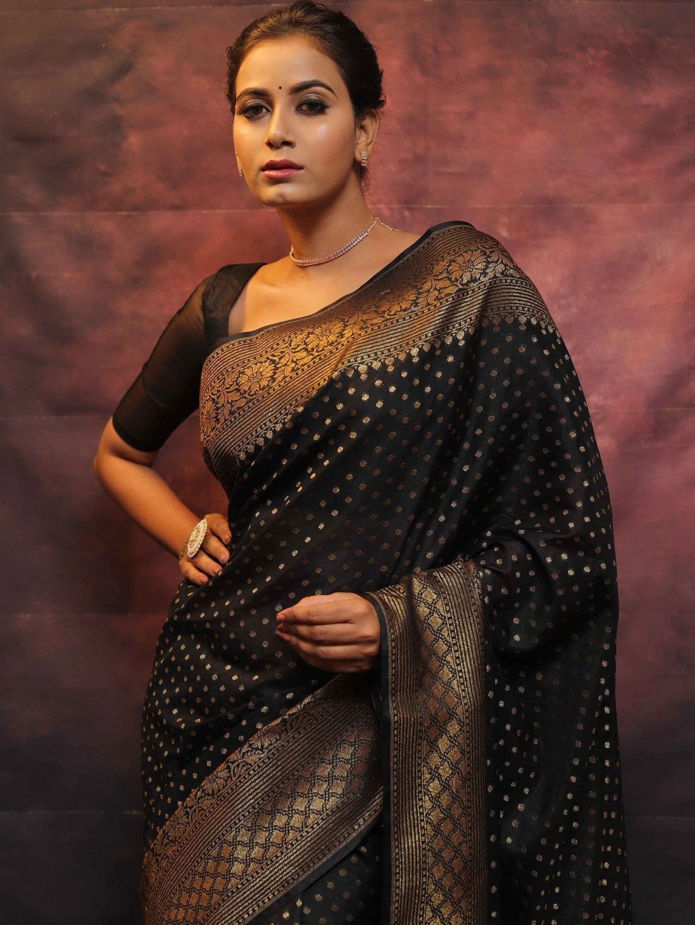 Pure Banarasi Soft Silk Saree with Stunning Copper Zari Weaving-Black-5