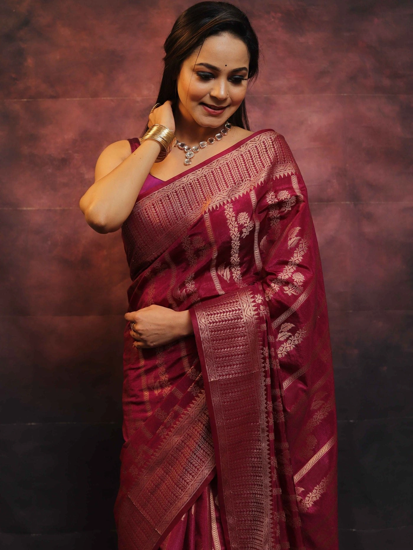 Pure Banarasi Soft Silk Saree with Stunning Copper Zari Weaving-Red-2