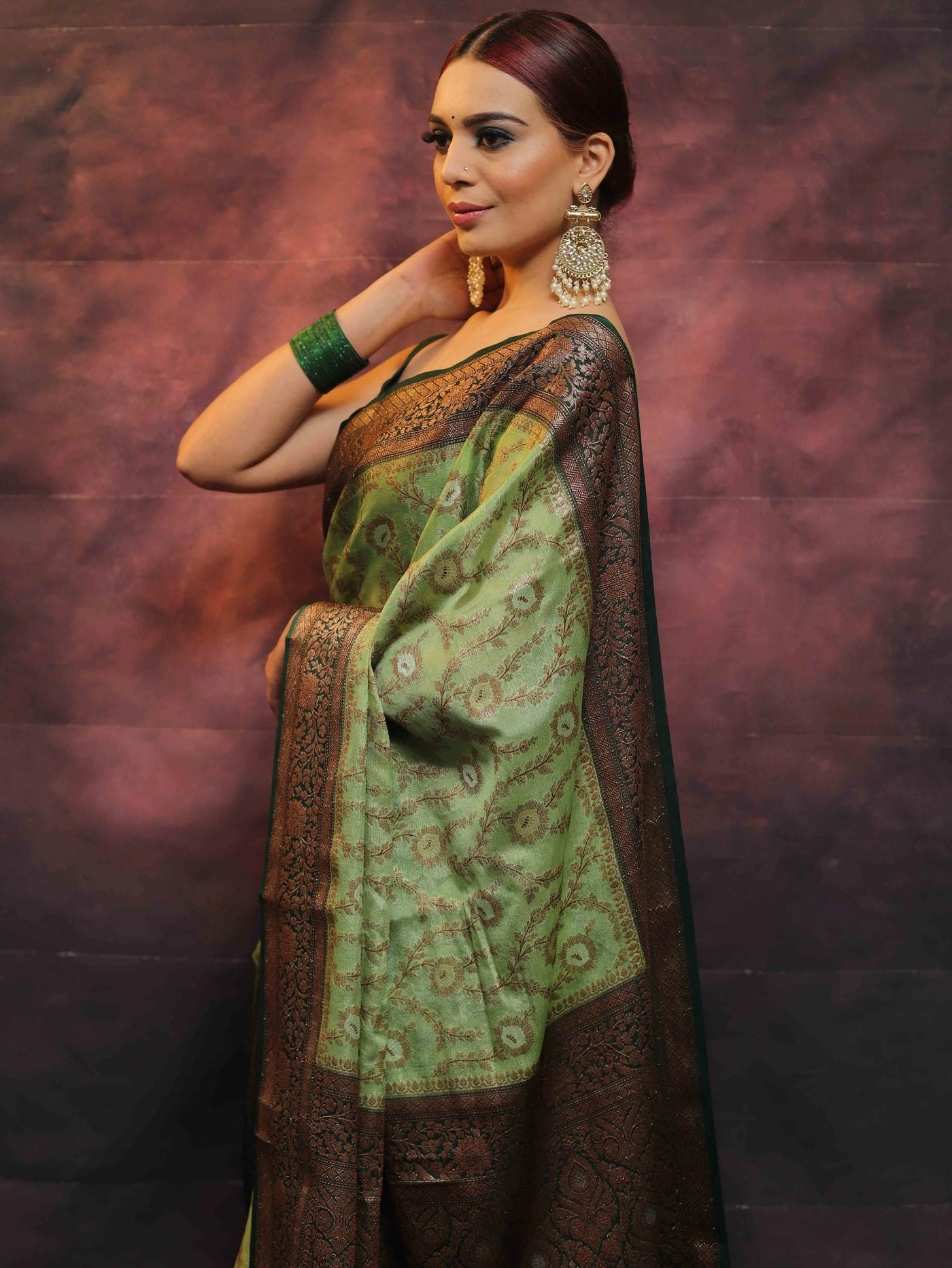 Pure Banarasi Soft Silk Saree with Stunning Copper Zari Weaving-Green-1