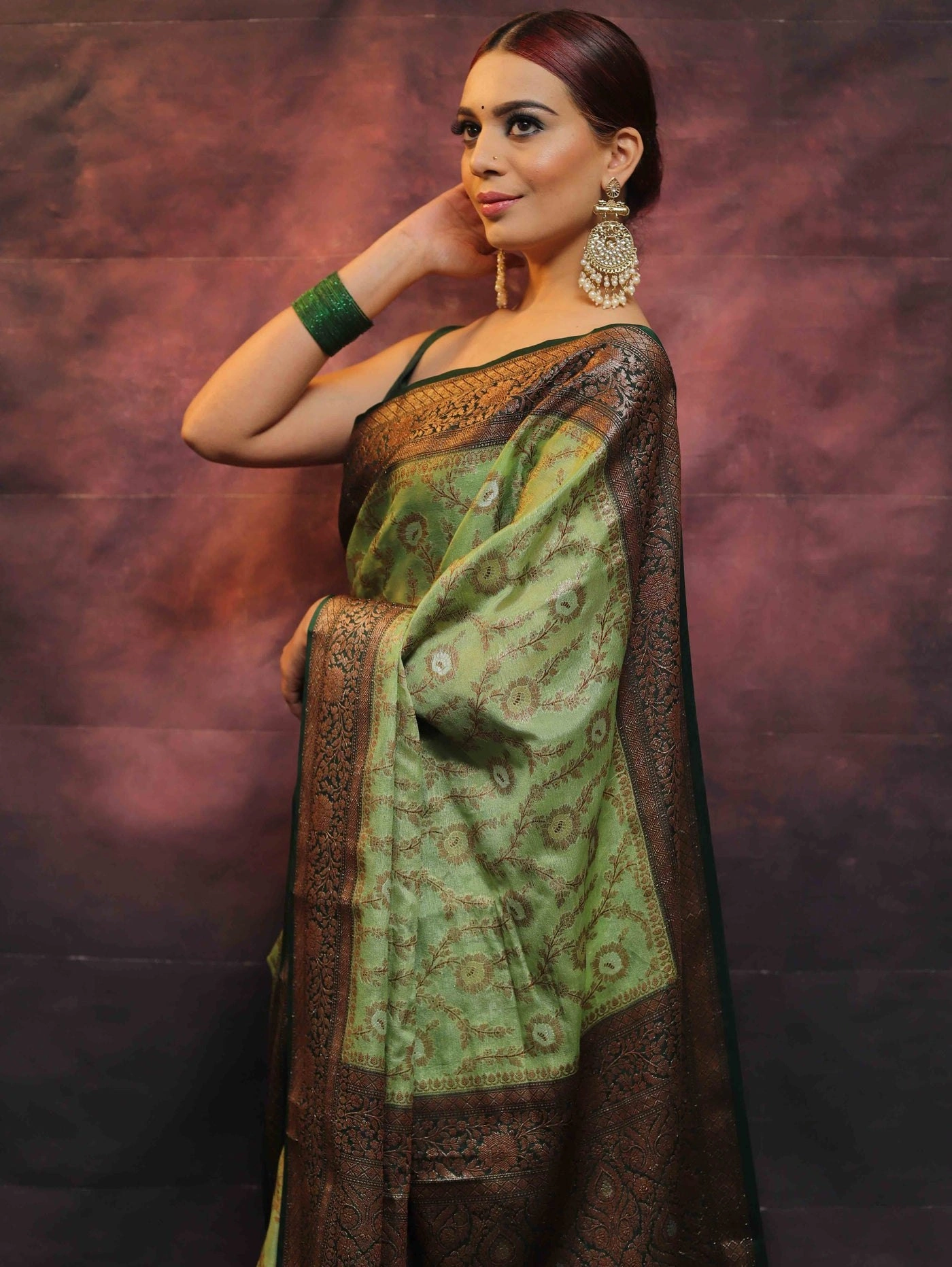 Pure Banarasi Soft Silk Saree with Stunning Copper Zari Weaving-Green-2