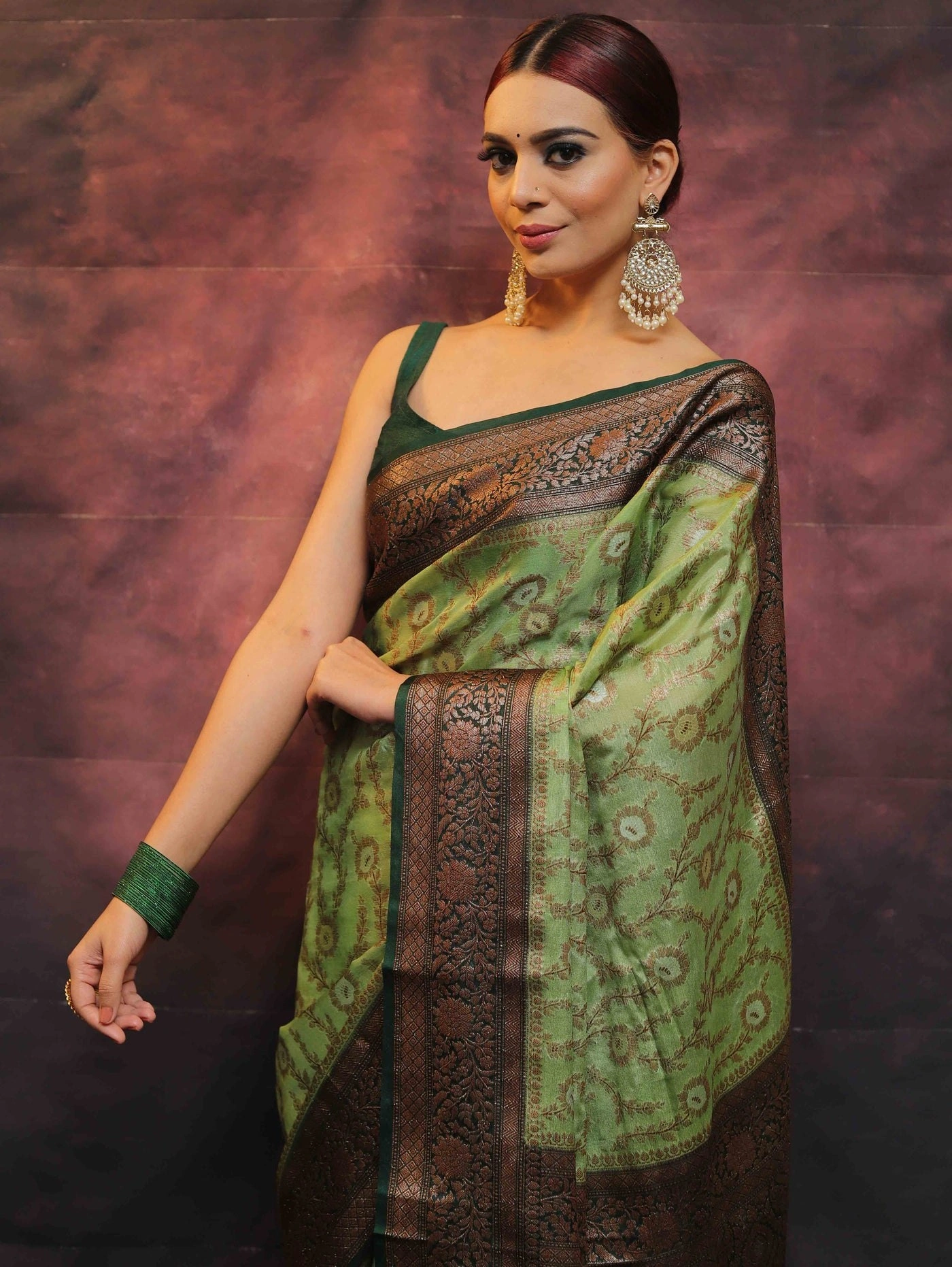 Pure Banarasi Soft Silk Saree with Stunning Copper Zari Weaving-Green-4