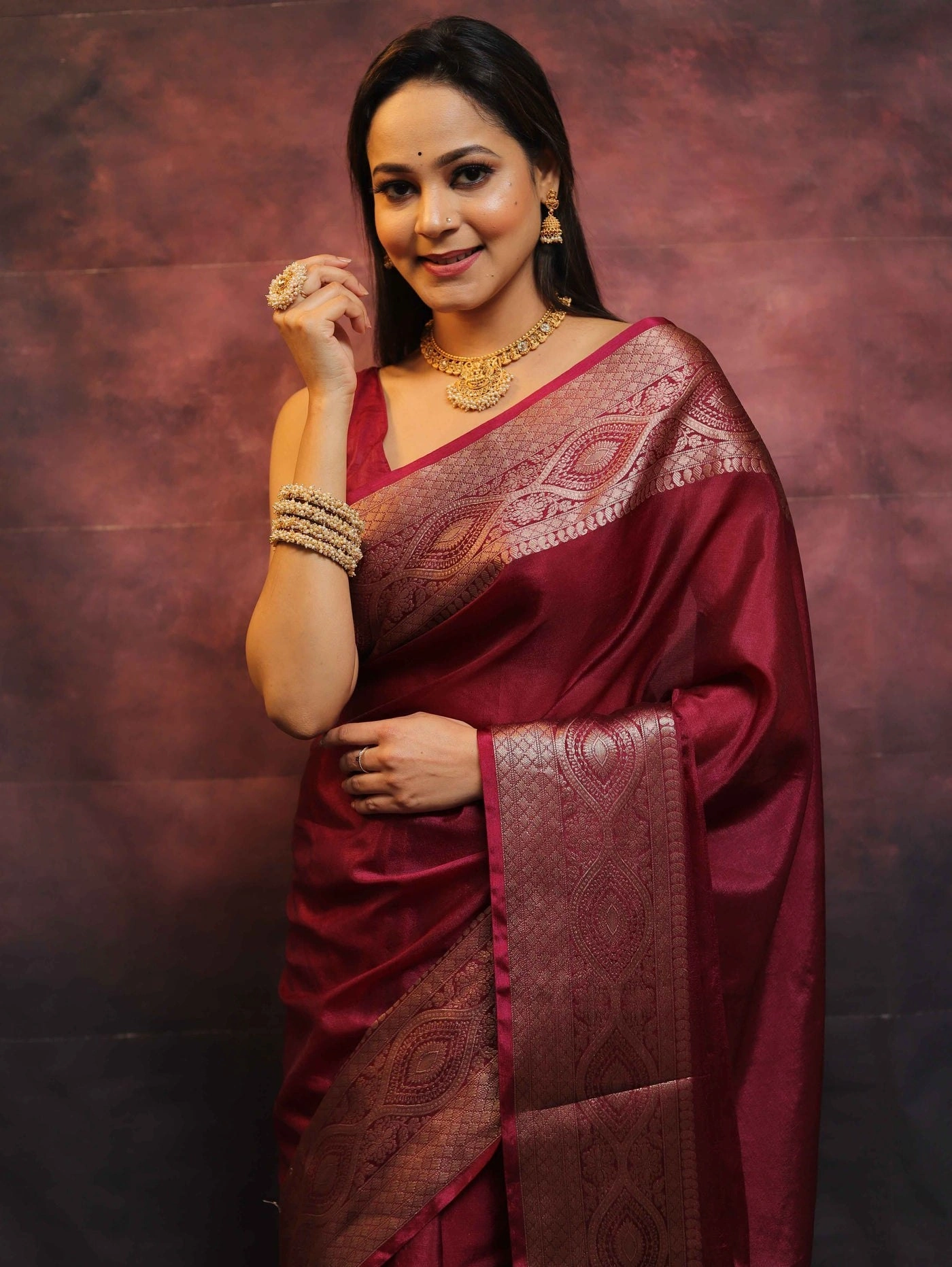 Pure Banarasi Soft Silk Saree with Stunning Copper Zari Weaving-Red-1