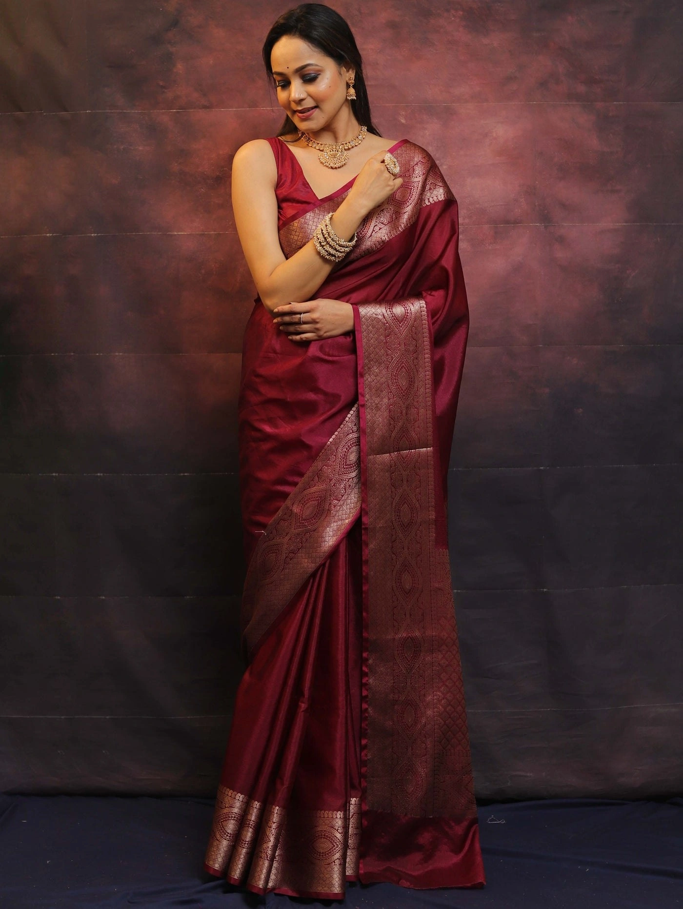 Pure Banarasi Soft Silk Saree with Stunning Copper Zari Weaving-Red-2