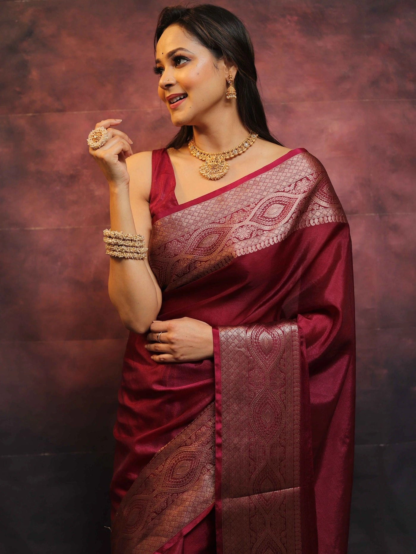 Pure Banarasi Soft Silk Saree with Stunning Copper Zari Weaving-Red-4