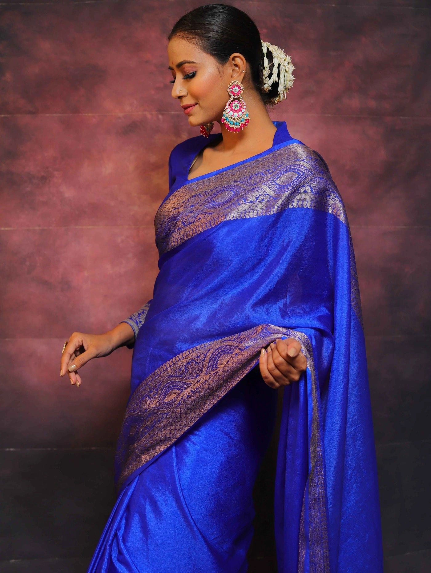 Pure Banarasi Soft Silk Saree with Stunning Copper Zari Weaving-Blue-2