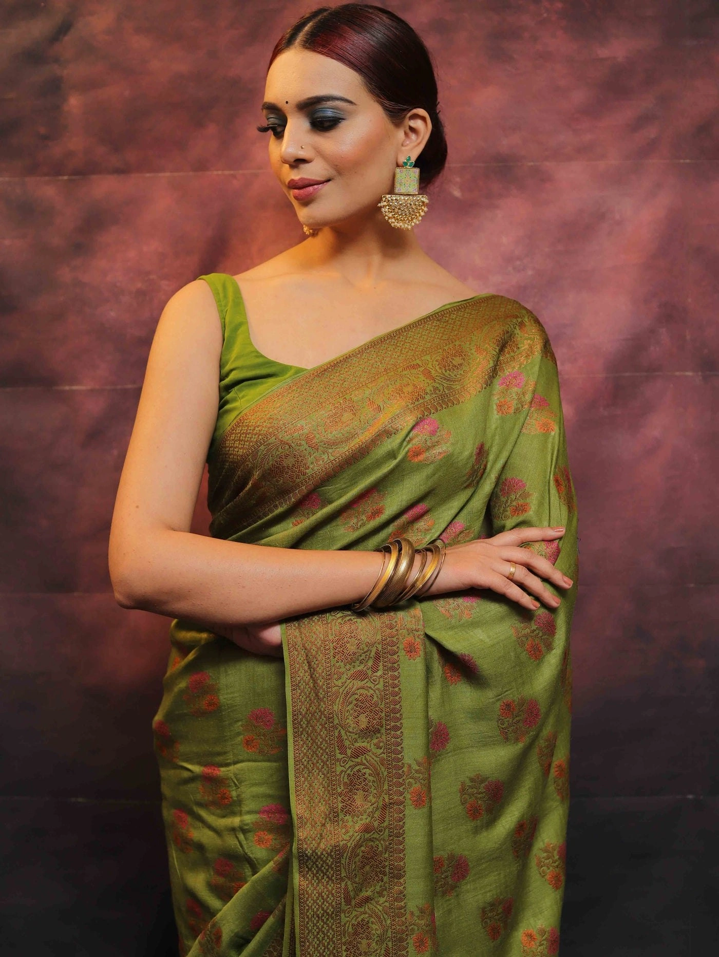 Pure Banarasi Soft Silk Saree with Copper Zari Weaving-Pista-1