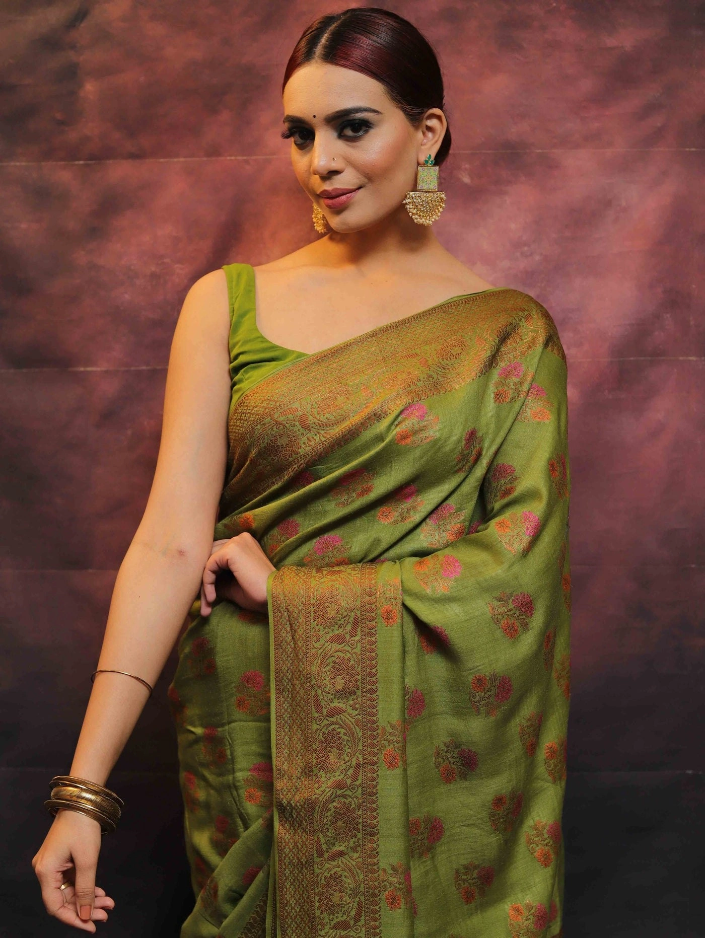 Pure Banarasi Soft Silk Saree with Copper Zari Weaving-Pista-3