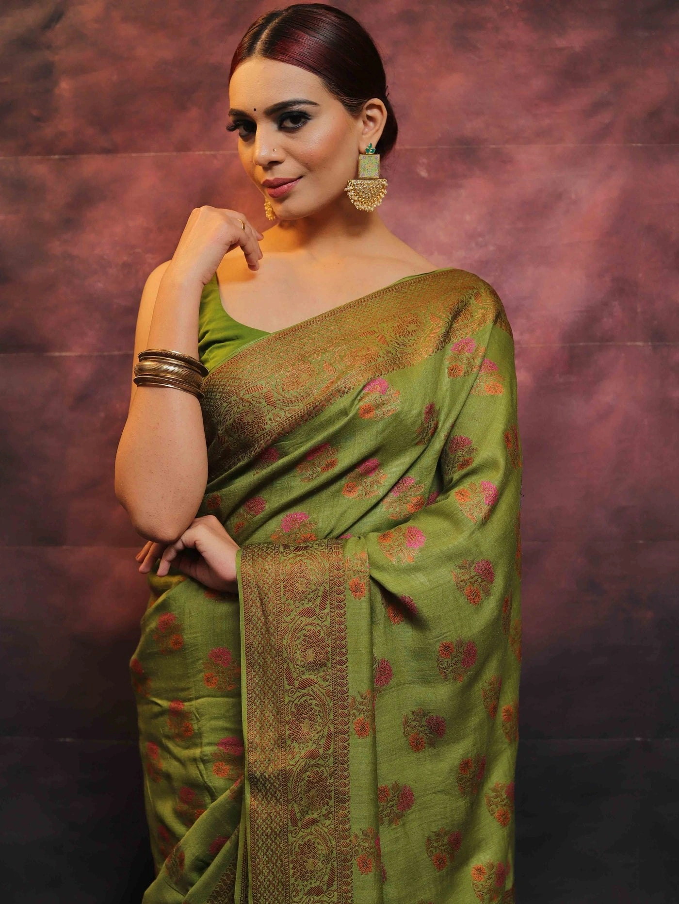 Pure Banarasi Soft Silk Saree with Copper Zari Weaving-Pista-4