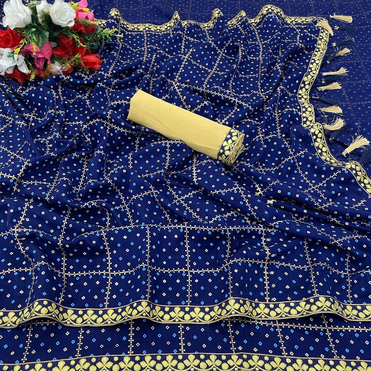 Blooming Vichitra Silk Saree: Beautiful Bandhani Print, High Quality (10 words)-RDD-01-A-Blue