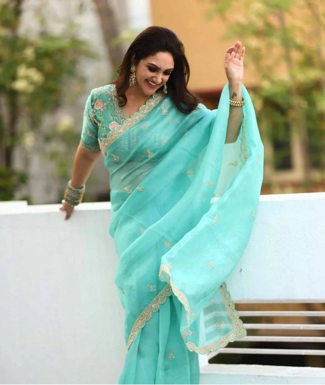 Beautiful Embroidered Organza Saree with Lace Border and Designer Blouse-Sky Blue-1