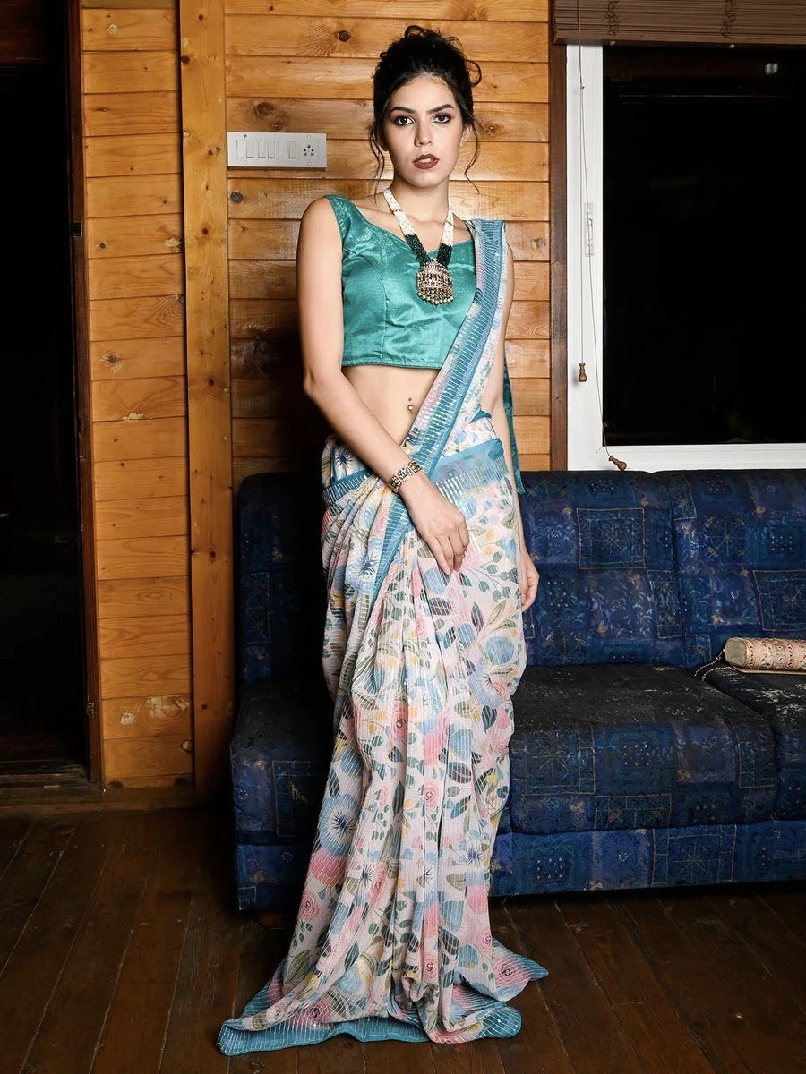 Floral Print Georgette Saree with Sequin Embroidery - Elegant and Stunning!-RNC-5360-SkyBlue