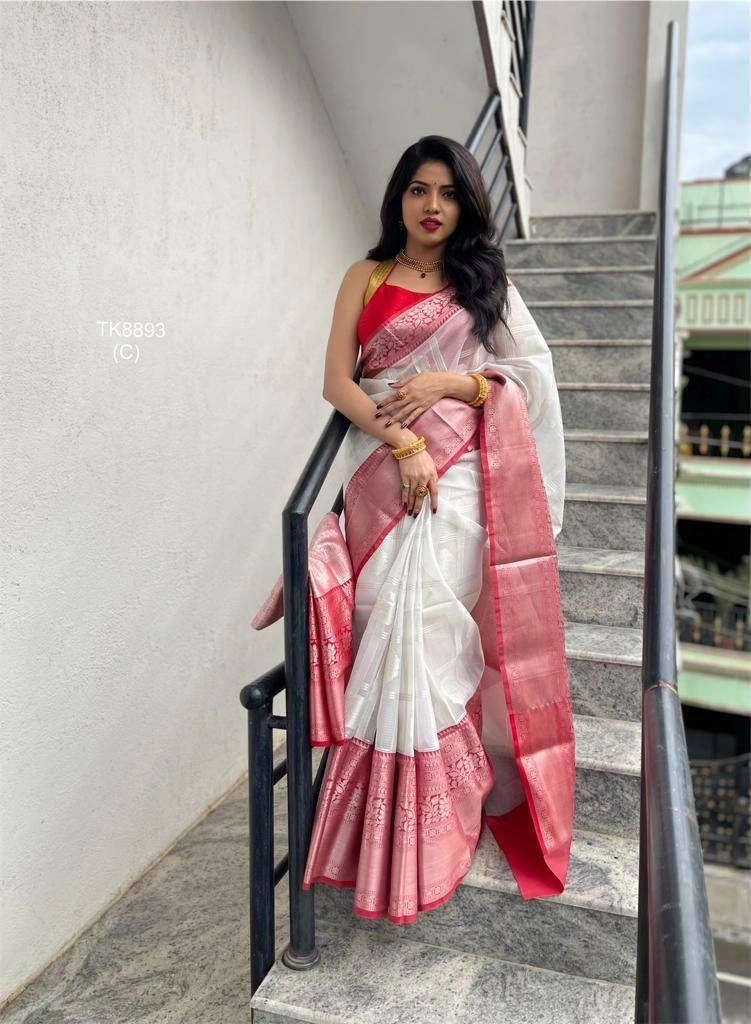 Enchanting Organic Banarasi Sarees: Light, Breathable, Perfect for Indian Weddings-RSF-349-White