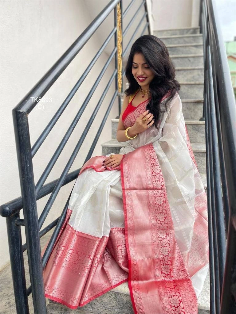 Enchanting Organic Banarasi Sarees: Light, Breathable, Perfect for Indian Weddings-White-3