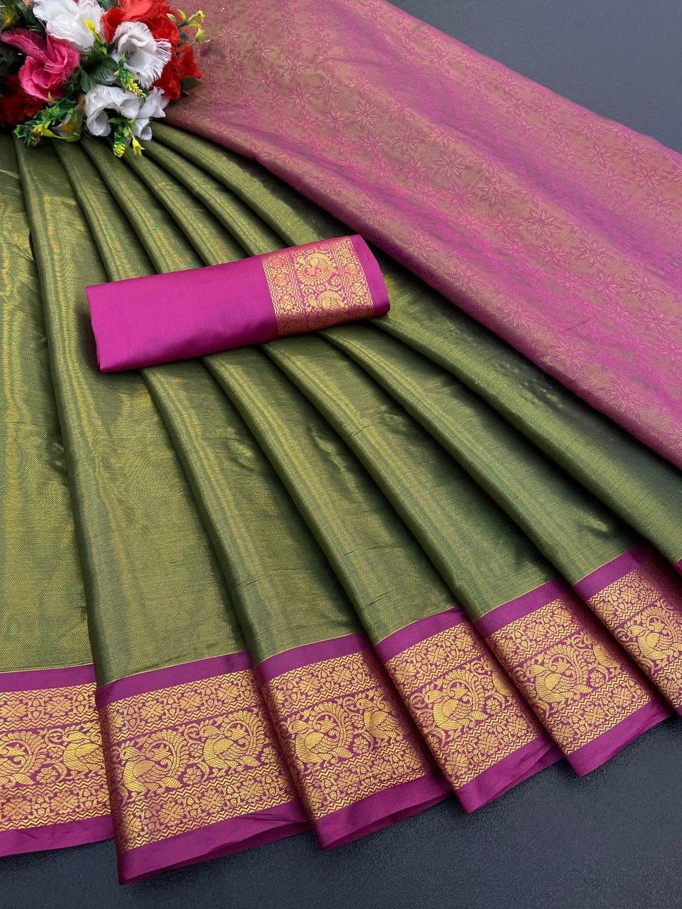 Exclusive Pure Upada Soft Silk Saree with Gold Peacock Design-RVR-03-Green