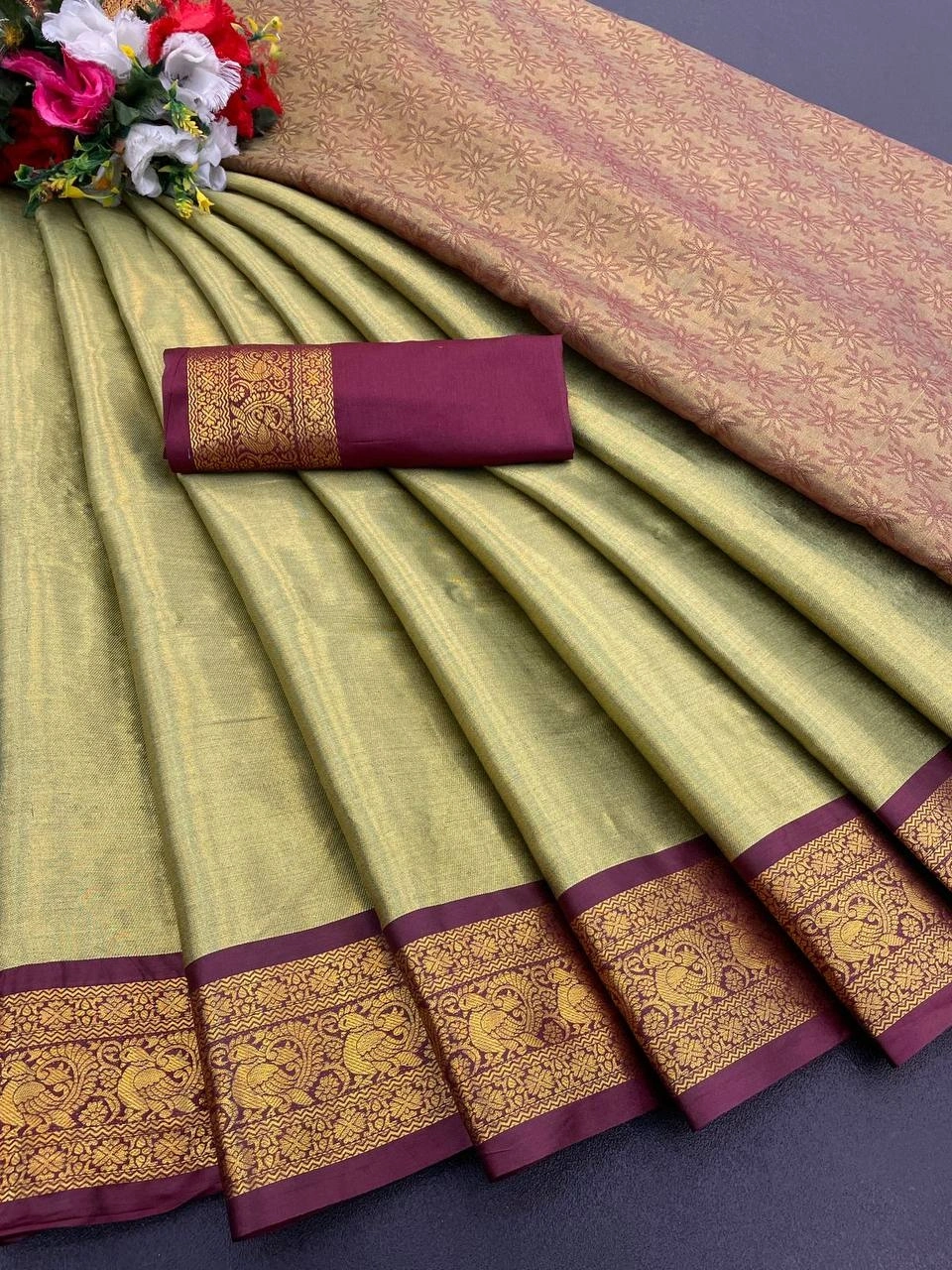 Exclusive Pure Upada Soft Silk Saree with Gold Peacock Design-RVR-03-Mehendi