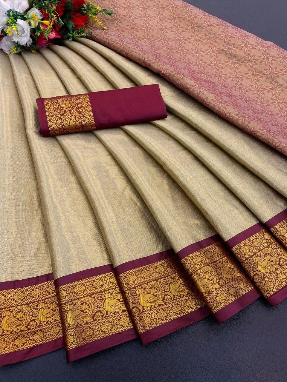 Exclusive Pure Upada Soft Silk Saree with Gold Peacock Design-RVR-03-Beige