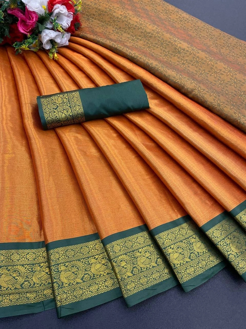 Exclusive Pure Upada Soft Silk Saree with Gold Peacock Design-RVR-03-Orange