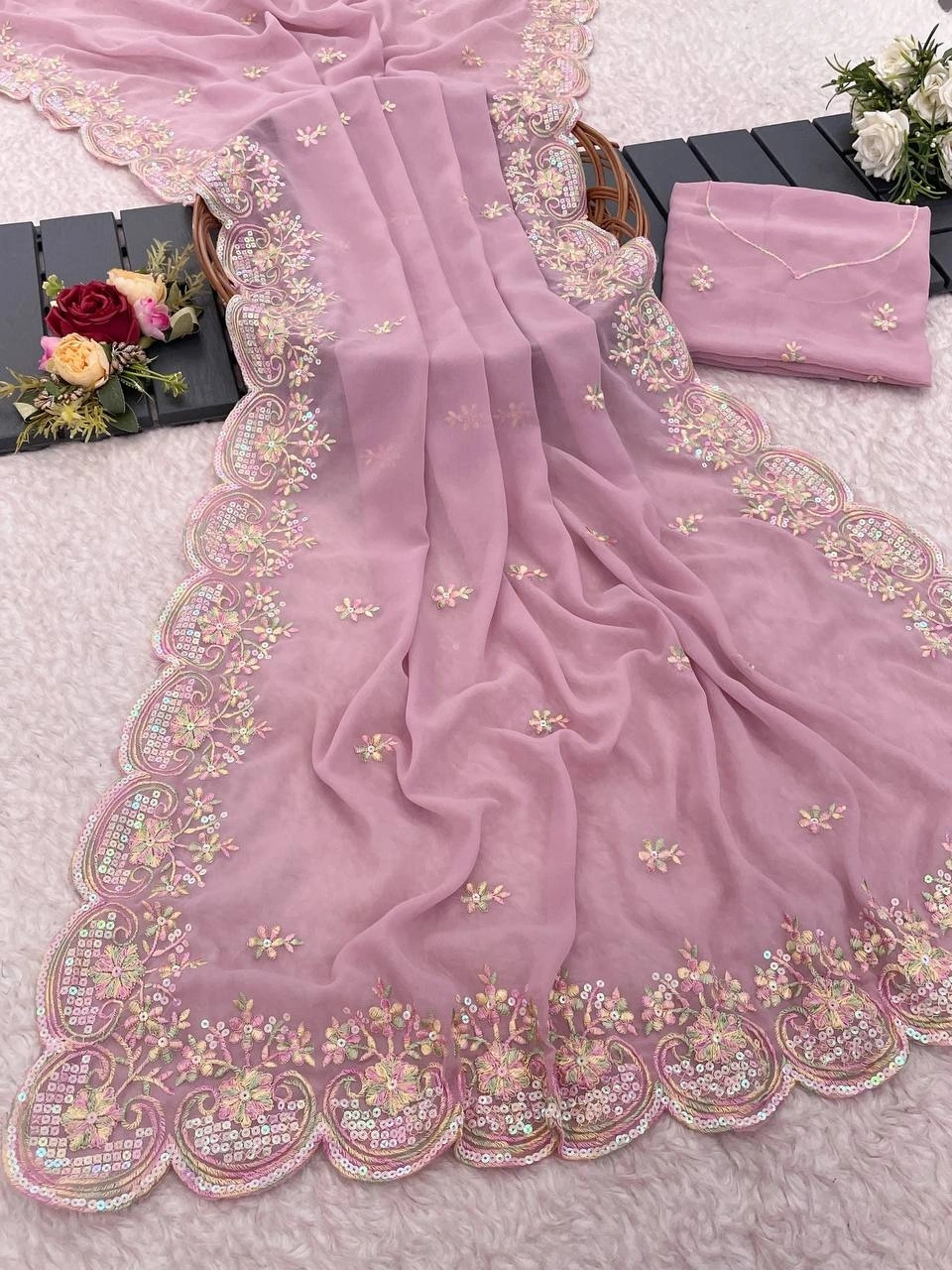 Pristine Georgette Saree with Heavy Embroidery &amp; Butta Work-RVT-601-Pink