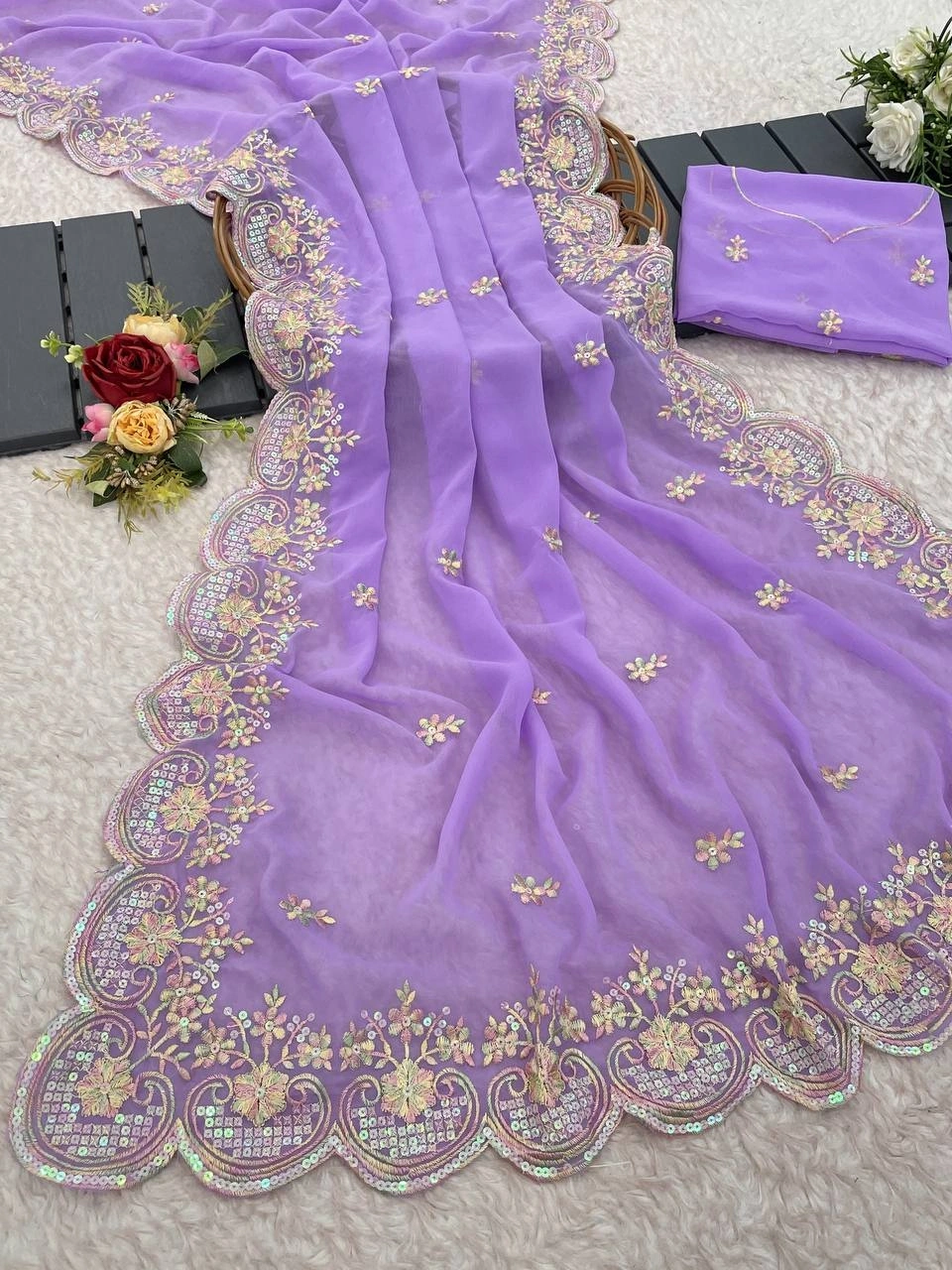 Pristine Georgette Saree with Heavy Embroidery &amp; Butta Work-RVT-601-Purple