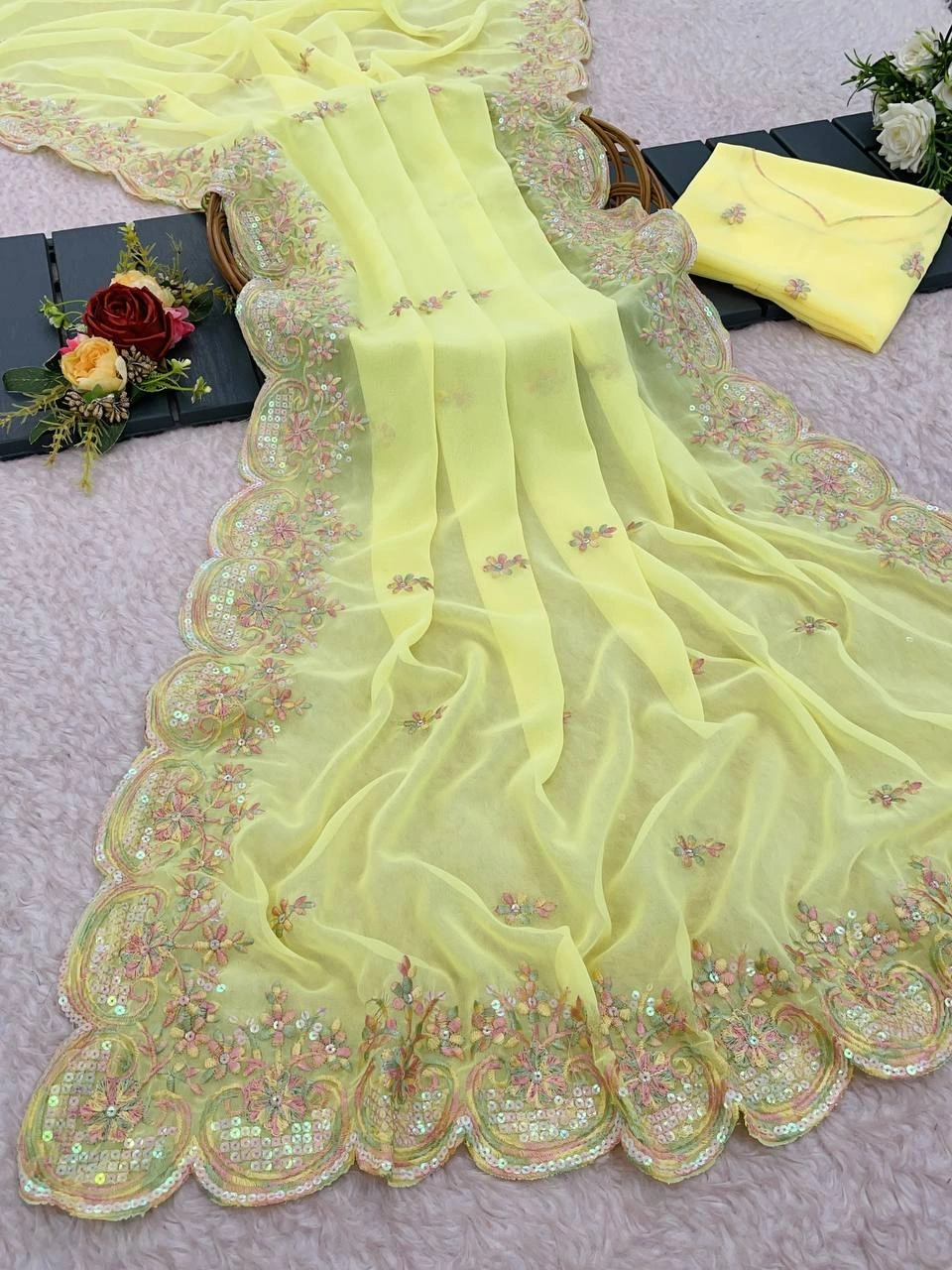 Pristine Georgette Saree with Heavy Embroidery &amp; Butta Work-RVT-601-Yellow