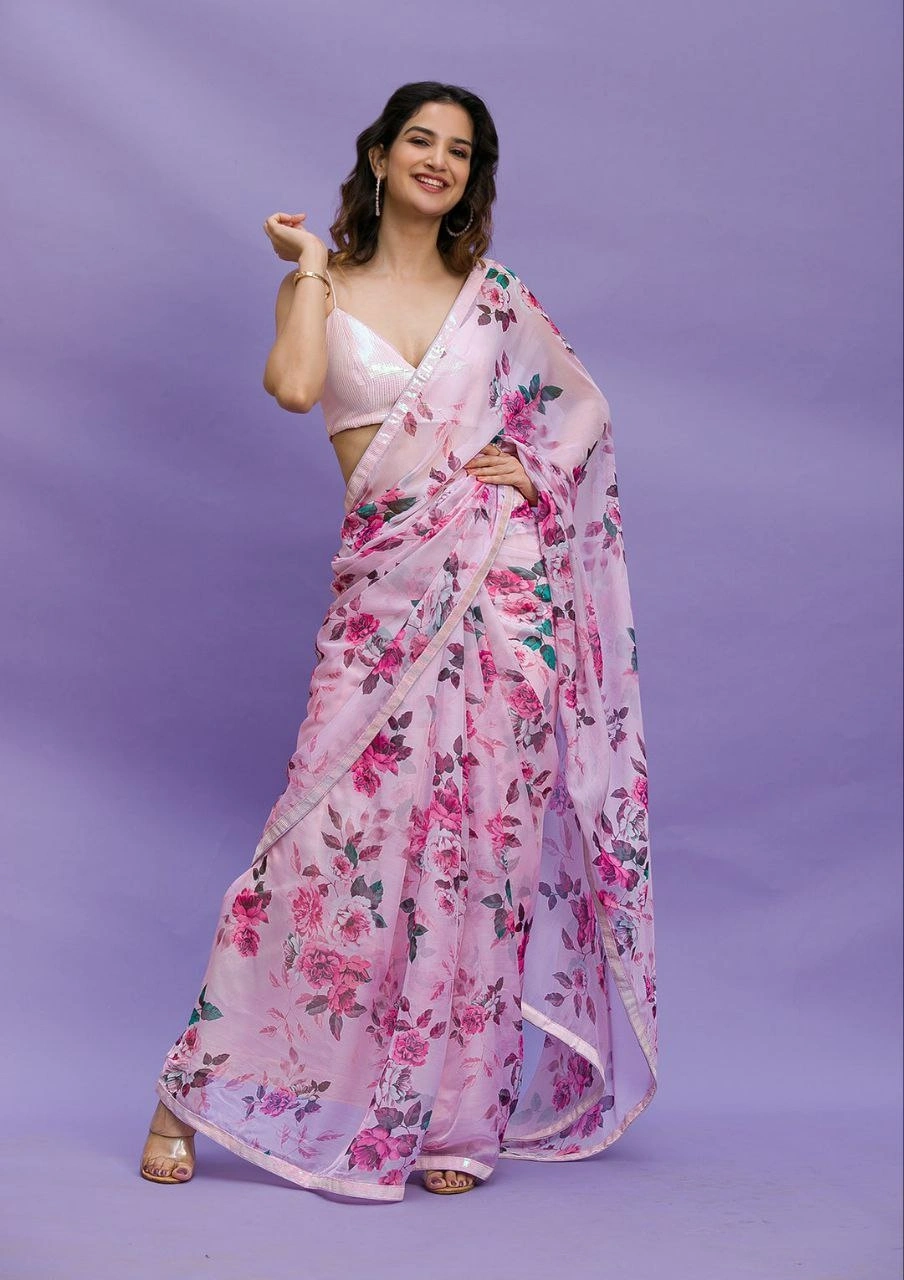 Chinon Silk Saree with Digital Print &amp; Sequin Blouse-RVT-603-Pink