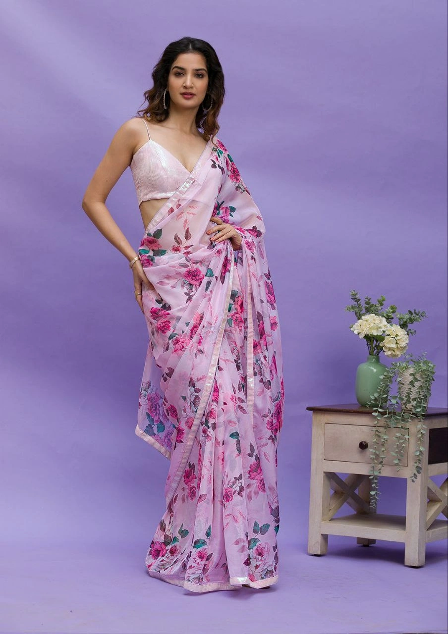 Chinon Silk Saree with Digital Print &amp; Sequin Blouse-Pink-1