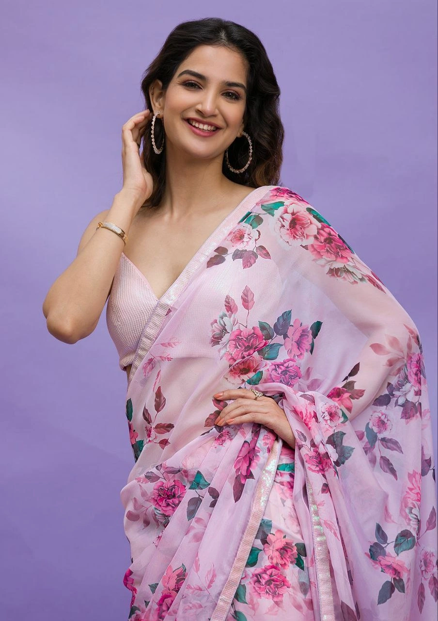 Chinon Silk Saree with Digital Print &amp; Sequin Blouse-Pink-2