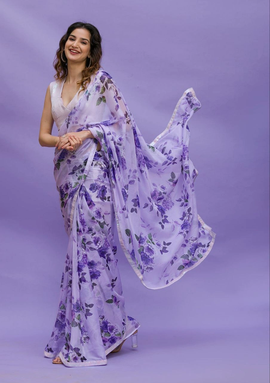 Chinon Silk Saree with Digital Print &amp; Sequin Blouse-RVT-603-Purple