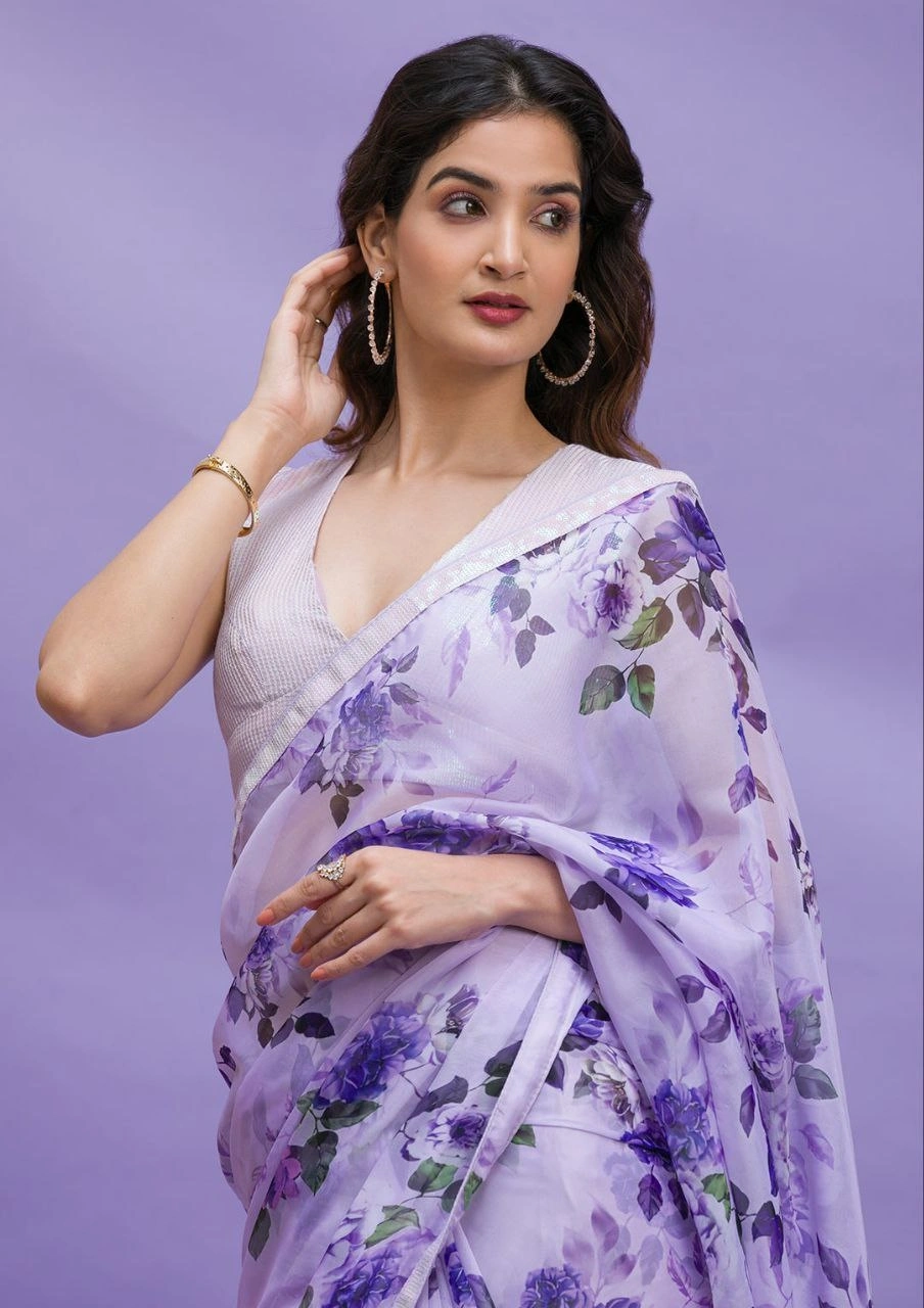 Chinon Silk Saree with Digital Print &amp; Sequin Blouse-Purple-1