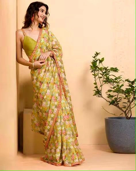 Chinon Silk Saree with Digital Prints and Mirror Work-RVT-604-Yellow