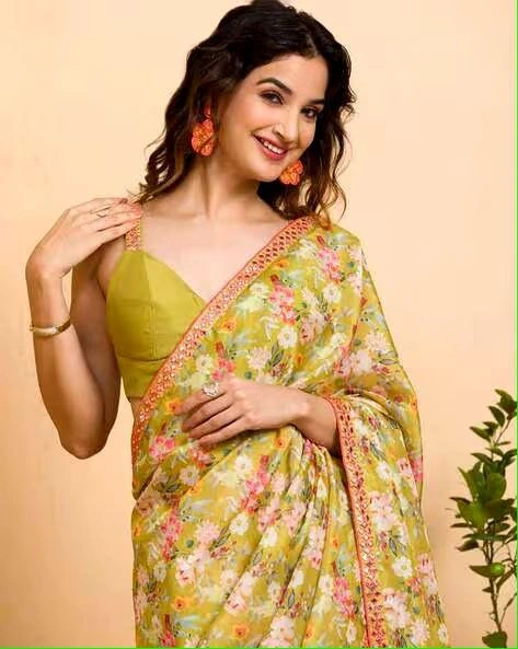 Chinon Silk Saree with Digital Prints and Mirror Work-Yellow-2