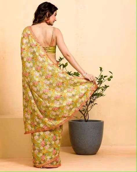 Chinon Silk Saree with Digital Prints and Mirror Work-Yellow-3