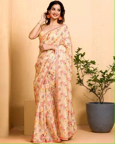 Chinon Silk Saree with Digital Prints and Mirror Work-RVT-604-Beige