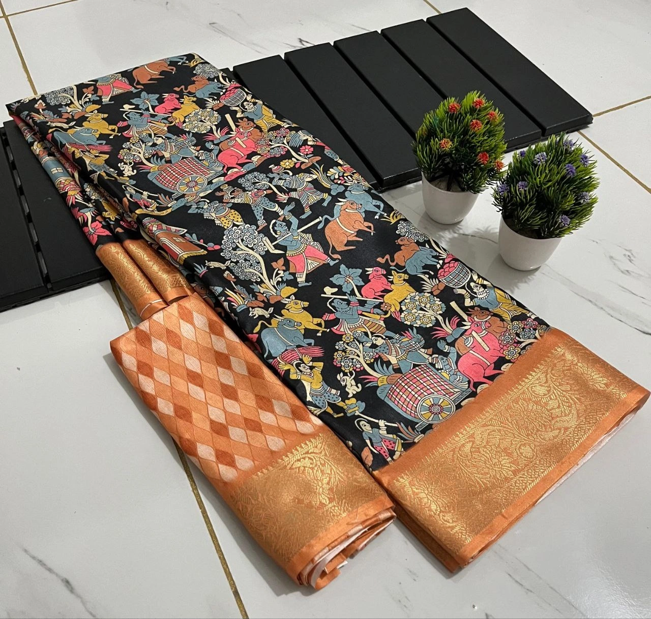 Floral Digital Print Silk Saree with Zari Border-Black-1