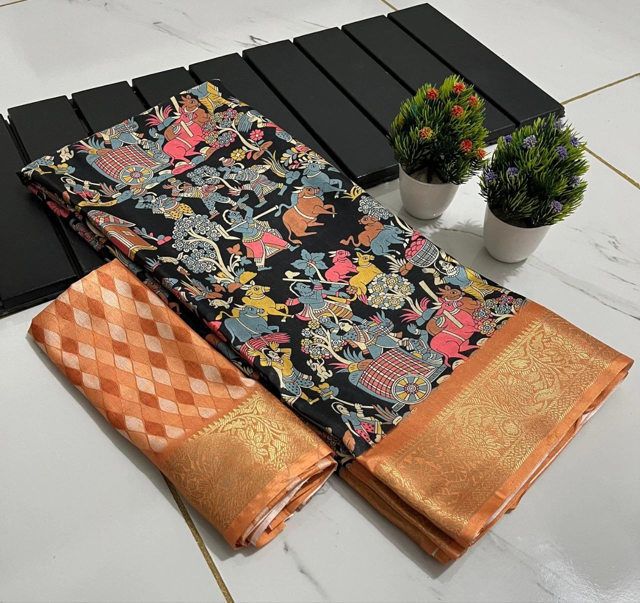 Floral Digital Print Silk Saree with Zari Border-Black-2