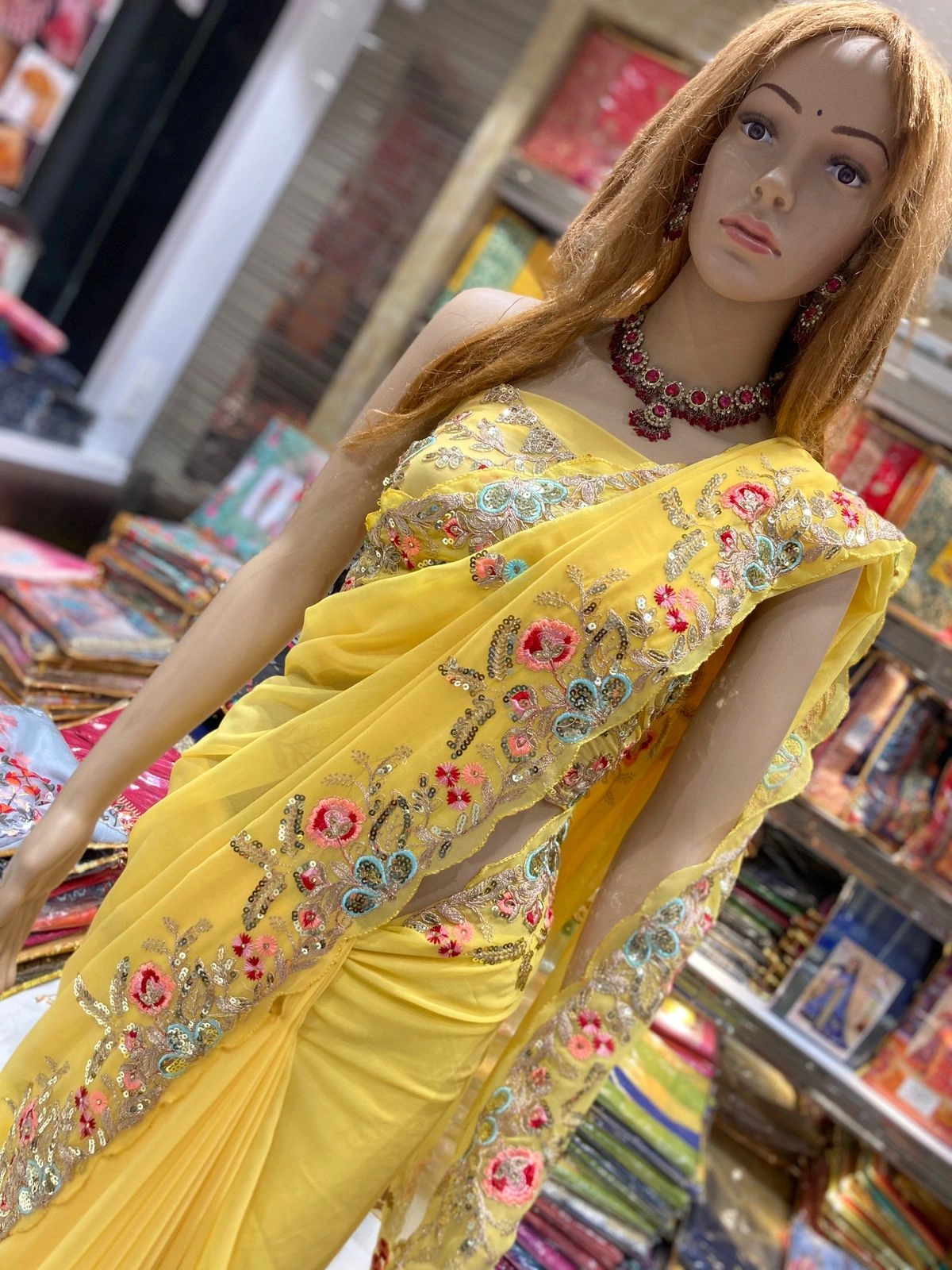 Heavy Embroidered Georgette Saree with Stone Work Blouse-Yellow-5