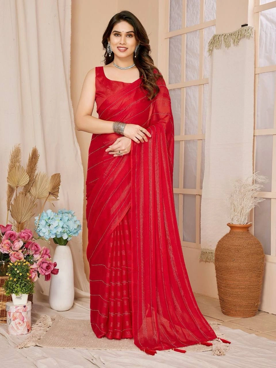 Rimzim Silk Bombay Sarees with Mono Banglory Blouse-RVL-08-Red