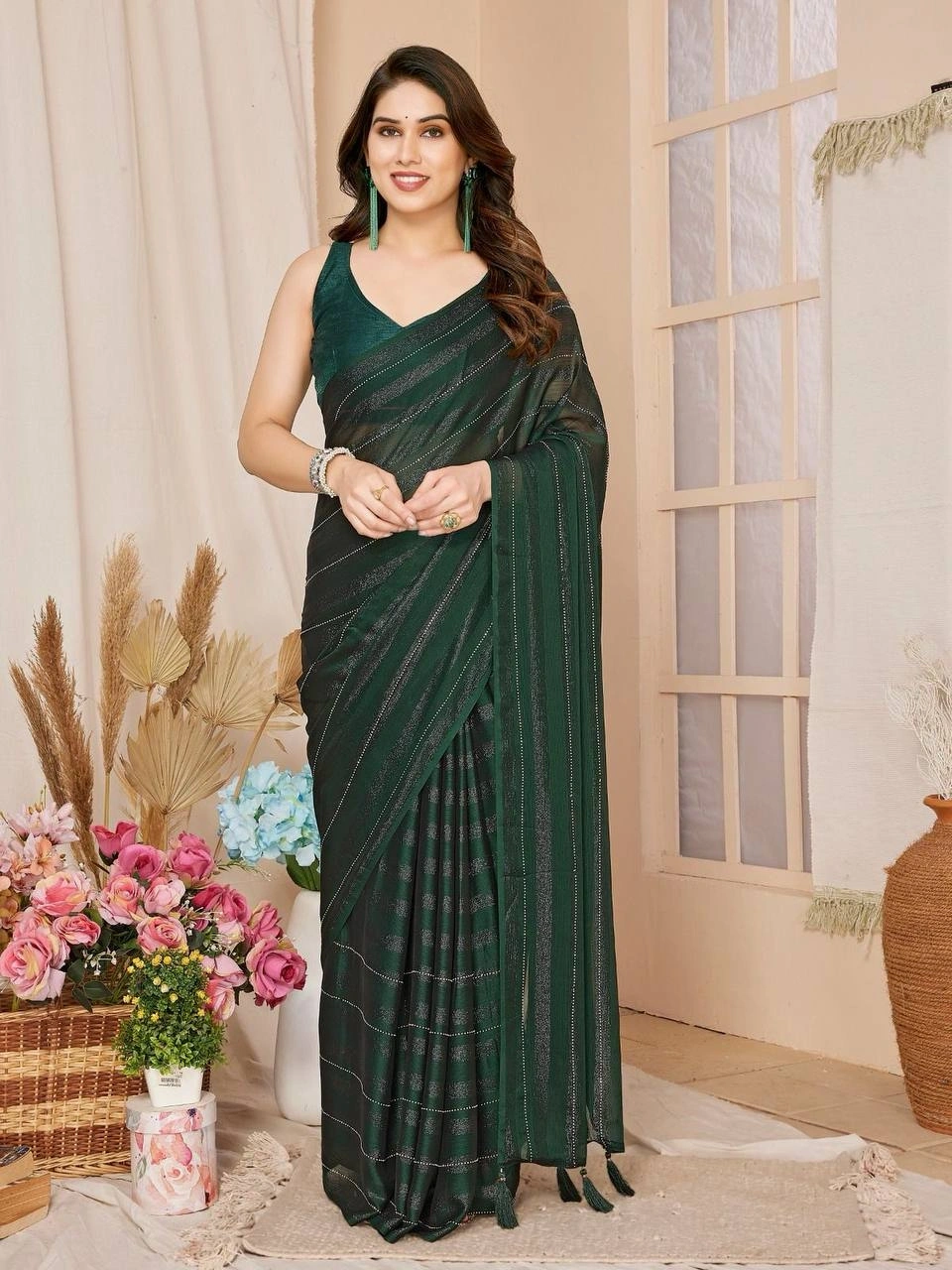 Rimzim Silk Bombay Sarees with Mono Banglory Blouse-RVL-08-Green