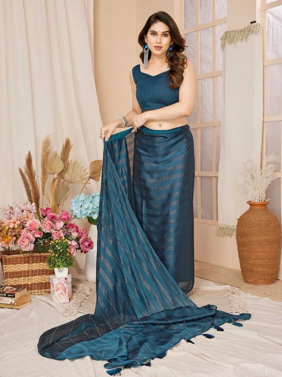 Rimzim Silk Bombay Sarees with Mono Banglory Blouse-Peacock Blue-1