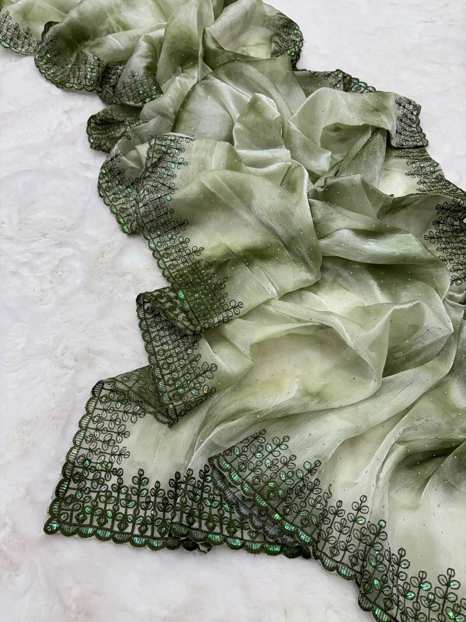 Burberry Prism Silk Saree: Rainy Day Elegance with Designer Embroidery-Green-1