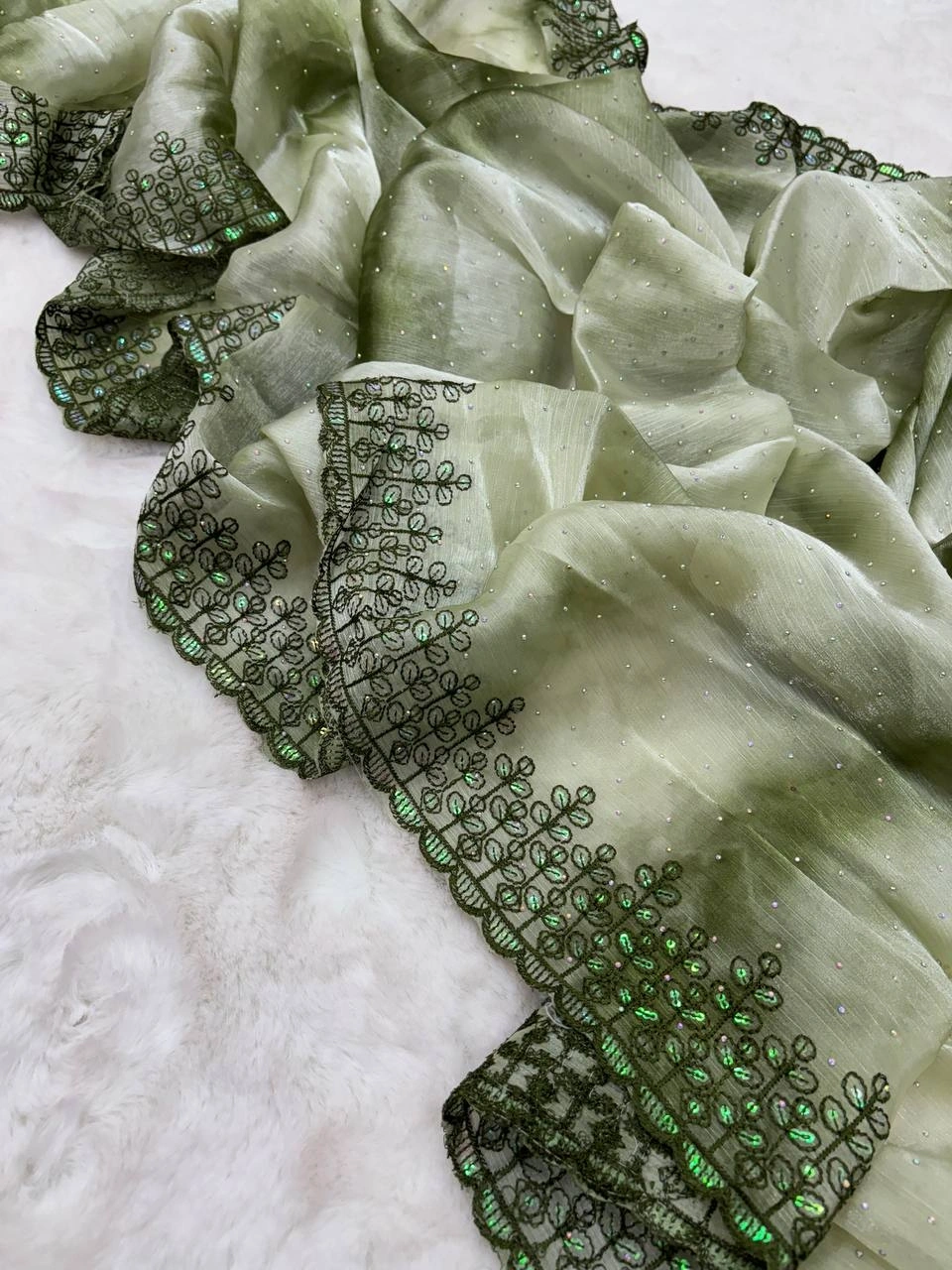 Burberry Prism Silk Saree: Rainy Day Elegance with Designer Embroidery-Green-2