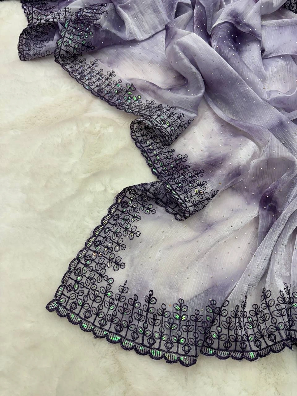 Burberry Prism Silk Saree: Rainy Day Elegance with Designer Embroidery-Lavander-2