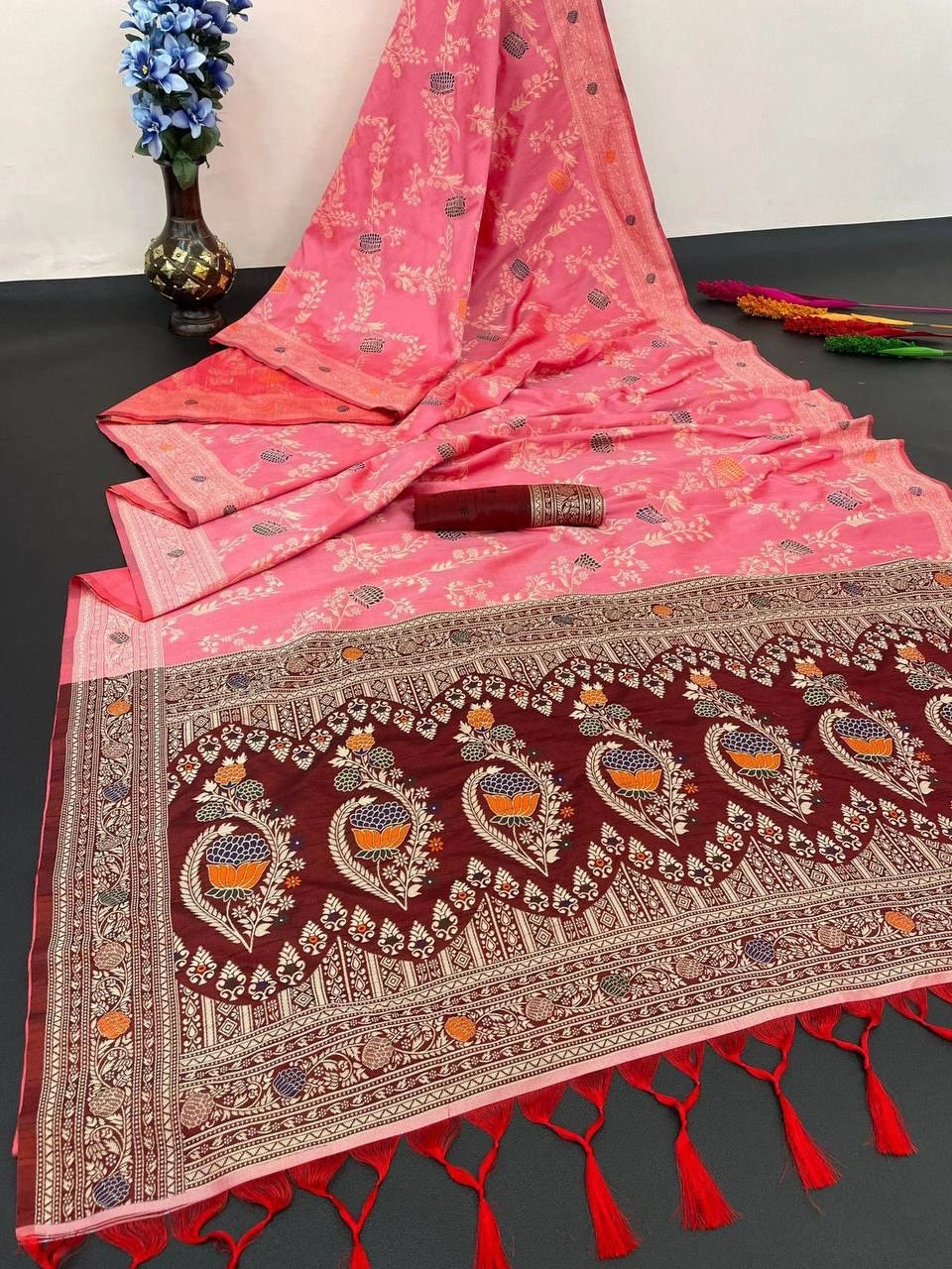 Handloom Raw Silk Saree with Woven Design and Contrast Matching Blouse-RVR-04-Pink