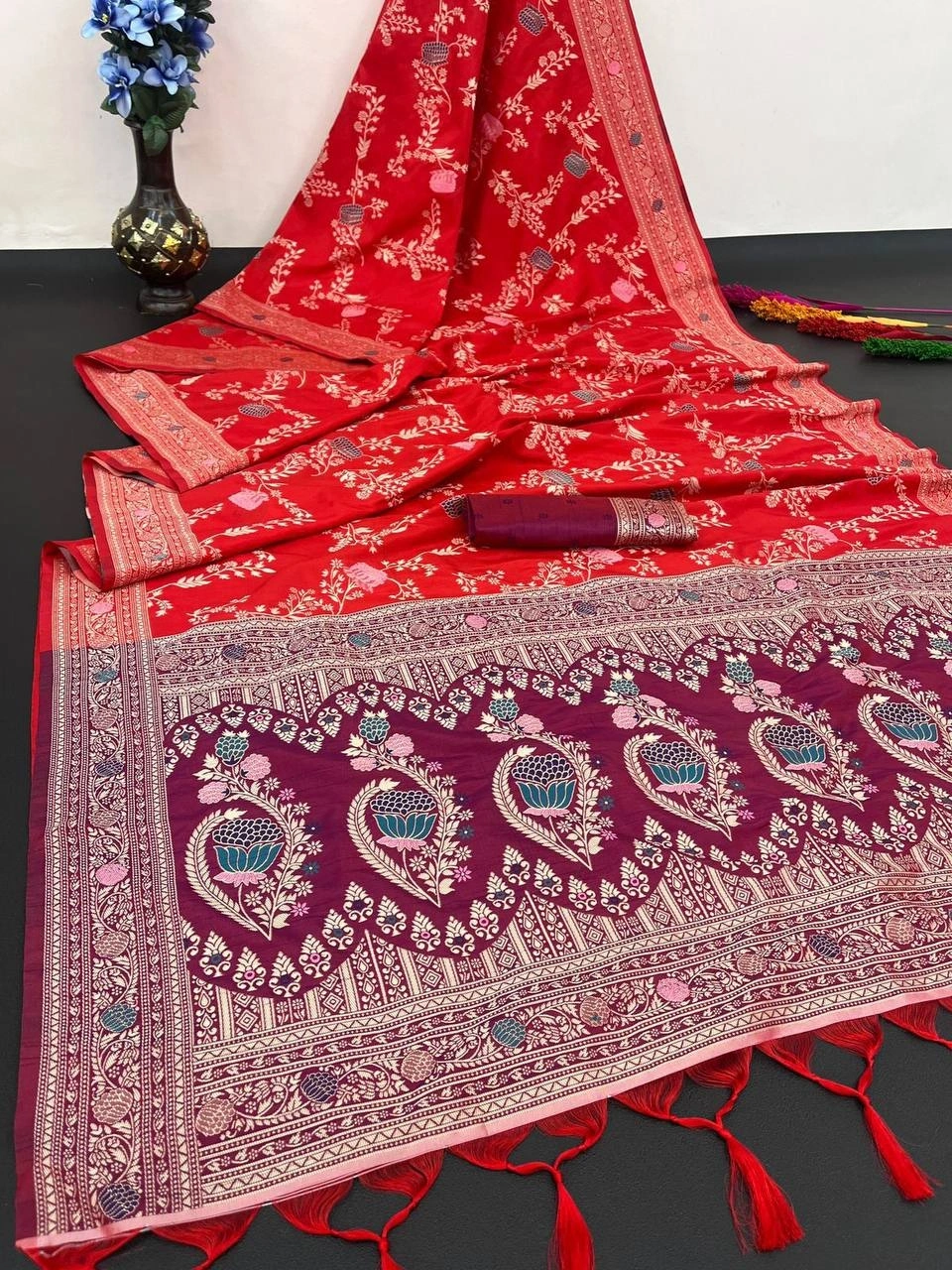 Handloom Raw Silk Saree with Woven Design and Contrast Matching Blouse-RVR-04-Red