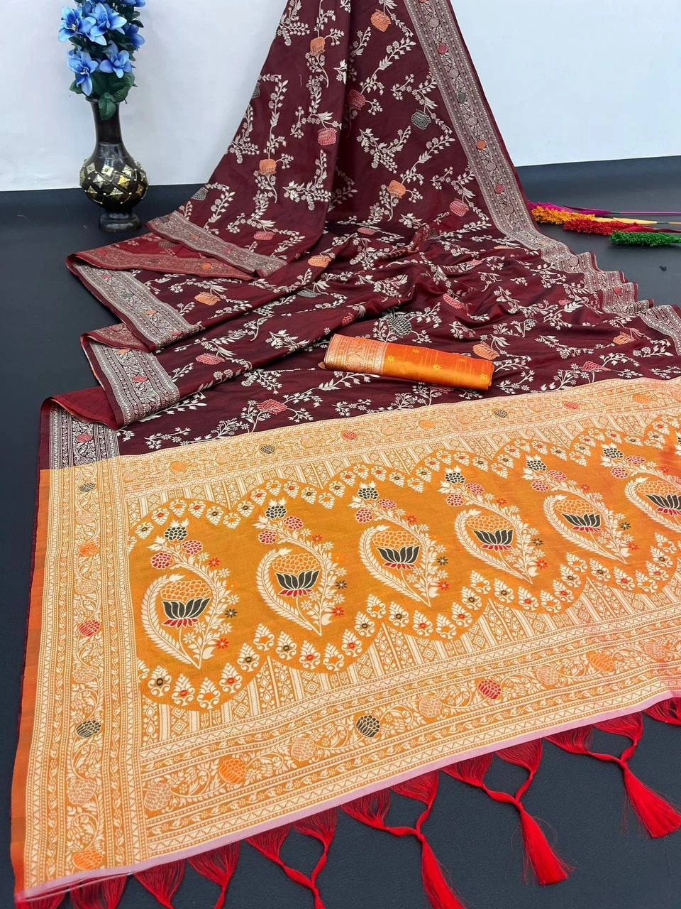 Handloom Raw Silk Saree with Woven Design and Contrast Matching Blouse-RVR-04-Wine