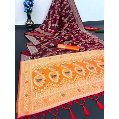 Handloom Raw Silk Saree with Woven Design and Contrast Matching Blouse