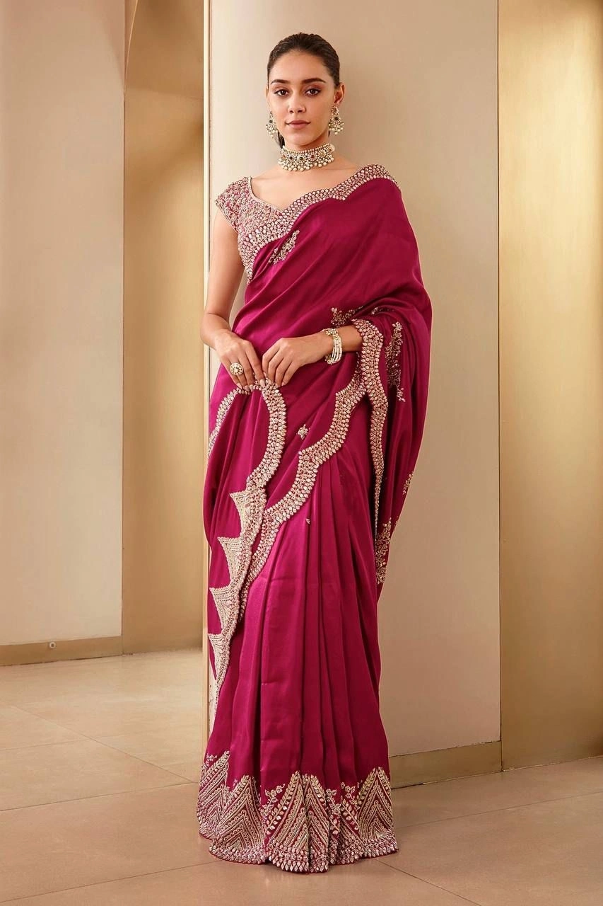 Soft Vichitra Silk Saree: Exquisite Thread Work &amp; Sequin Embellishments-RVT-605-Red